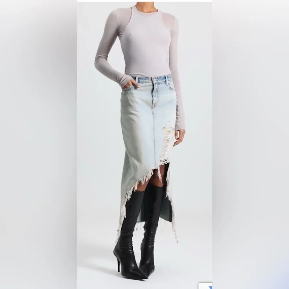 7 For All Mankind Denim Midi Skirt in Peaches Distressed Light Wash Size 27 NWT